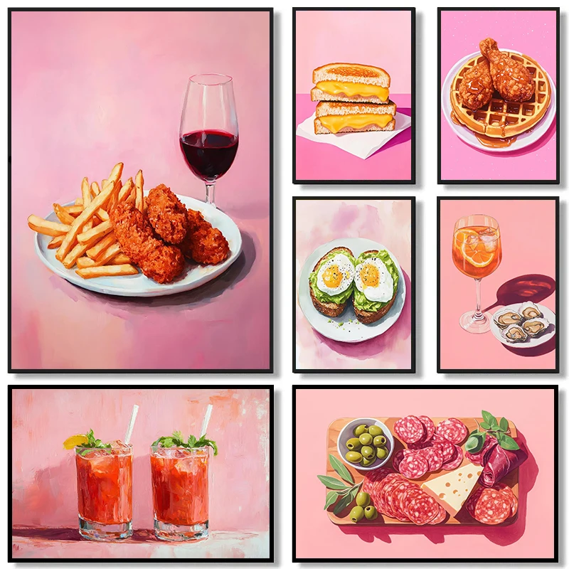 Patatas fritas, comida rápida, pollo, gofres, café, cóctel, carteles e impresiones, impresión en lienzo, imagen artística de pared para decoración de Bar de cocina