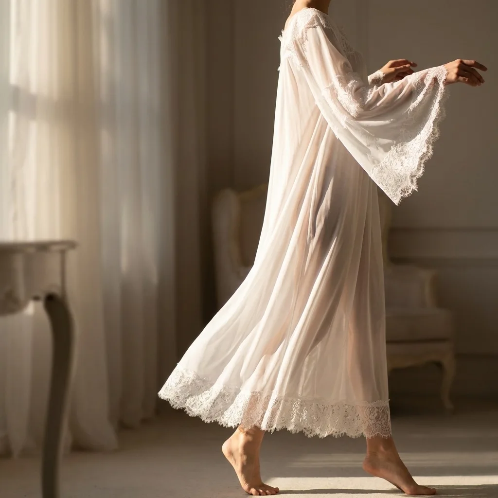 Sexy Lace Trim Perspective Long Nightgown Spring Summer New Women's Sleepwear Home Clothes French Style Nightdress Nightwear