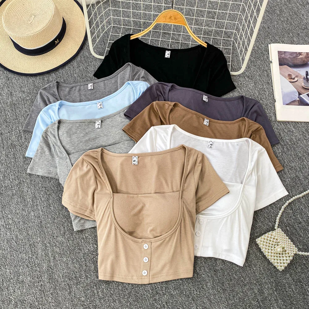 

Slim Fit ort Sve Knitted T-irt Women's Summer Pure Color Square Collar Padded Chest Single Button Korean Sle Top