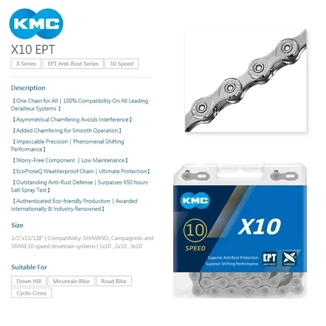 KMC 10 Speed MTB Road Bike Chain X10 X10EL 10V Bicycle Chains Extra Light Gold Silver Race Rustproof Chain 116 Links