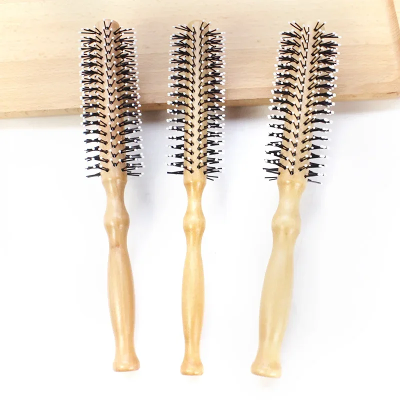 1pcs Nylon Round Hair Comb Anti-Static Fluffy Curling Drying Blow Bangs Straight Hair Hairdressing Wooden Handle Styling Tools