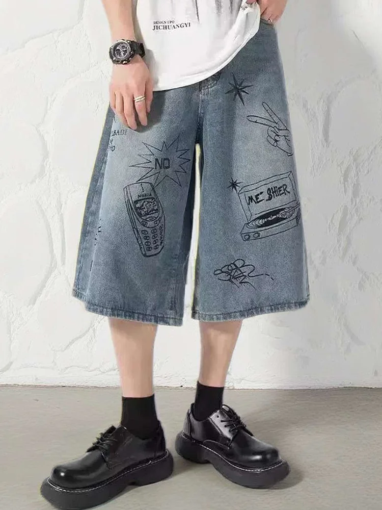 Summer Men Shorts Hip Hop Pockets Straight Wide Length Male Painted Harajuku Jeans Baggy Loose Cool Streetwear Short Pants