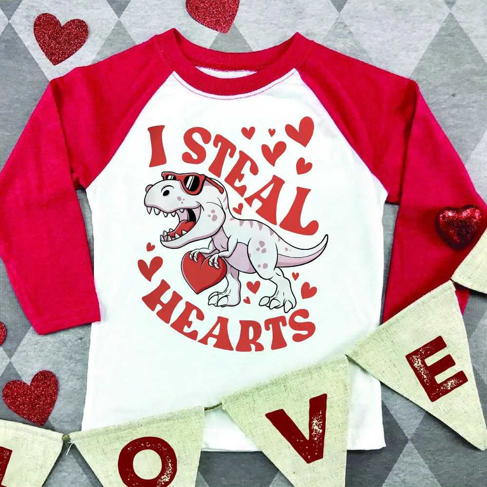 I Steal Heart Dinosaur Print Kids Shirt Valentine Boys Girls Raglan T-shirt Long Sleeve Clothes Child Valentine's Party Outfits