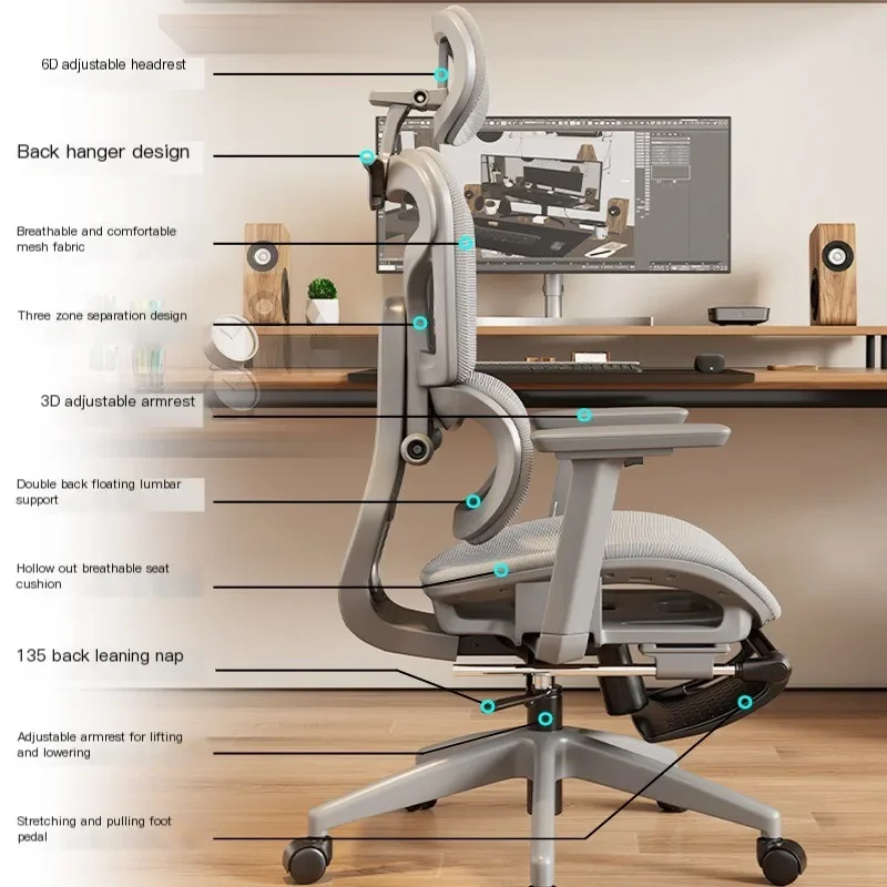 Sedia ergonomica Supporto lombare Sedia per computer Comfort domestico per seduta lunga Bureaustoel regolabile Forniture per la casa e l'ufficio