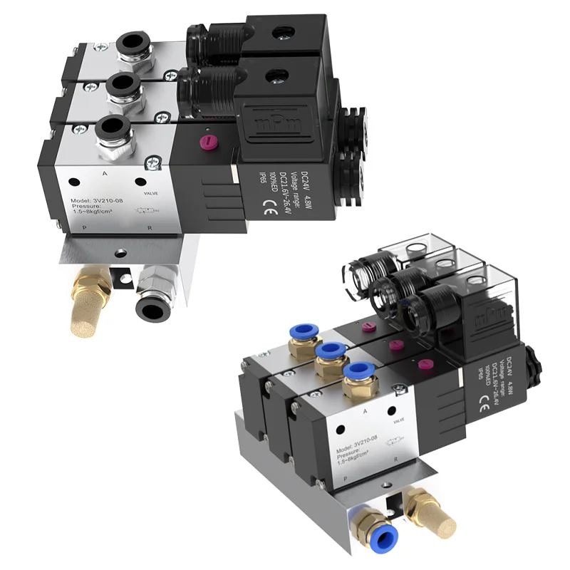 Bloque de válvula solenoide neumática de opción múltiple 3V210-08 5/6/7/8 vías con colector de Base de ajuste de silenciador 110/220V AC 12/24V DC