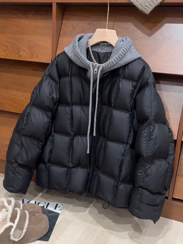 

Warm Knitted Splice Hat Women's Jaet plus Size Cotton Coat ort Sle Zipper Closure Faionable Design Winter Outerwear