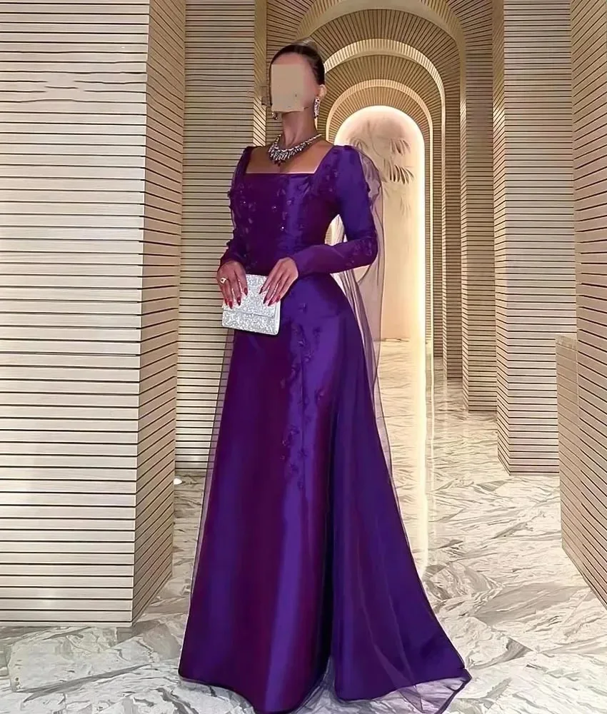 

Customized Delicate Satin A-Line Flowers Evening Dress High Quality Square Neck Long Sleeves Floor Length Celebrity Gowns