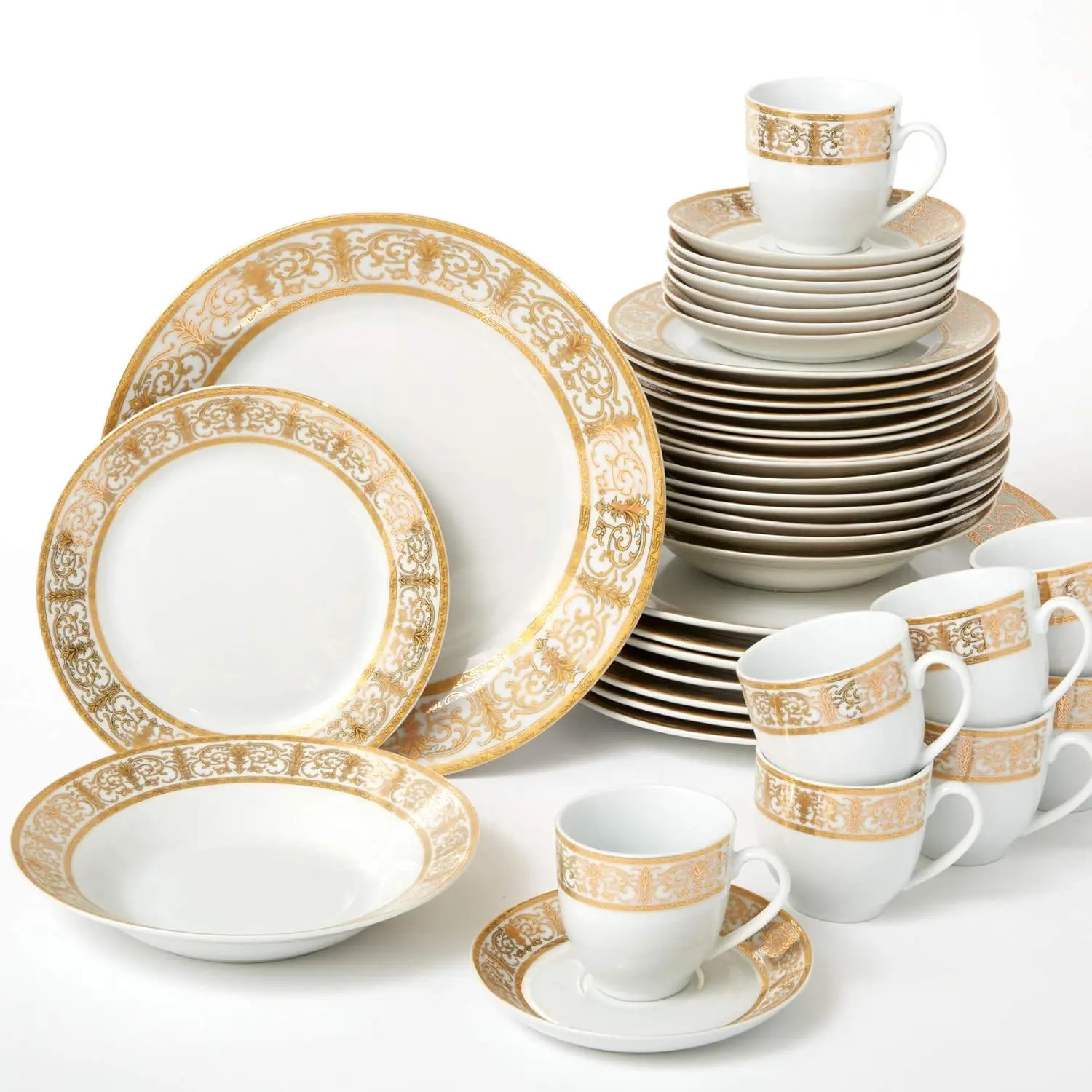 Medici 40-Piece Premium Golden Porcelain Dinnerware Gold White Set (Service For 8) Includes Dinner Dessert Plates Bowls Saucers