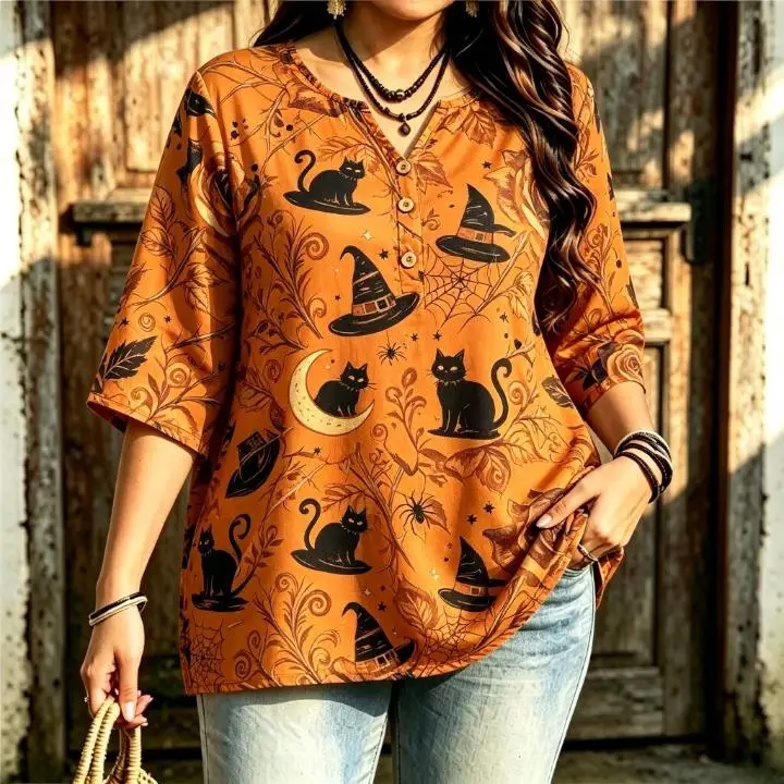 Women Halloween Theme Print Blouse Notched Neck 3/4 Sleeve Curvy Fit Tops Skull Ghost Cat Rose Holiday Pattern Shirts