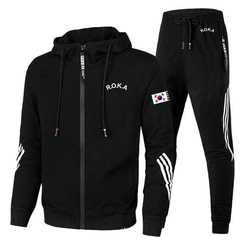 Korean ROKA Fashion Men\'s Zipper Jacket Hoodie Running Sportswear Set Men\'s Tracksuit Winter Sports Suit