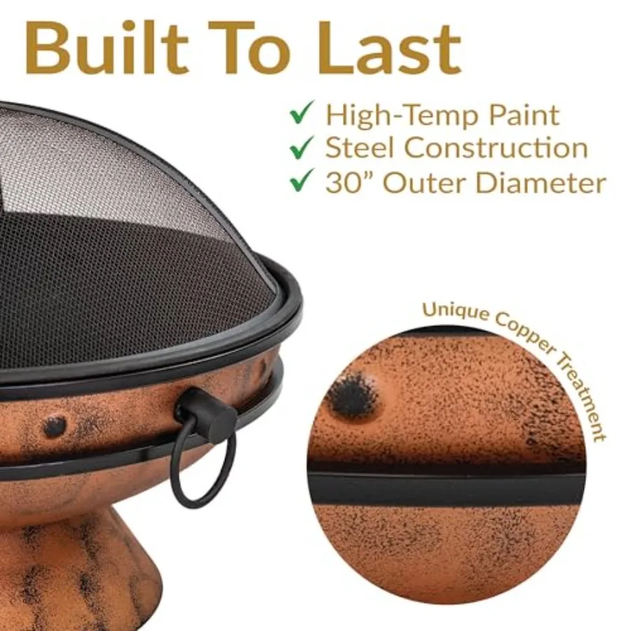 Outdoor patio fire pit, copper-finished steel, 30-inch diameter, rust-resistant and weatherproof for backyard use
