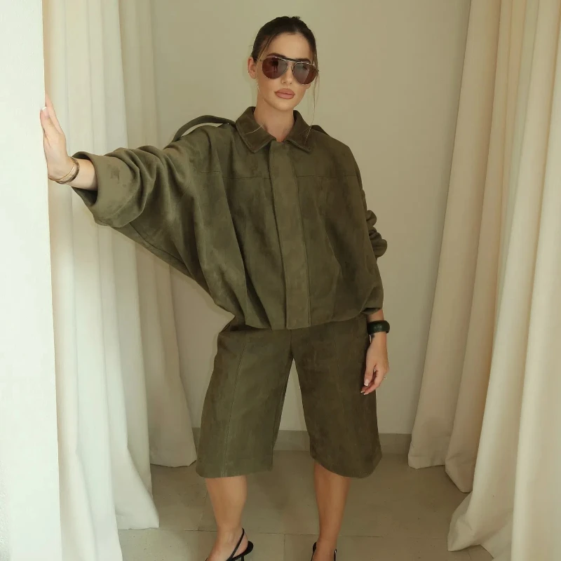 

Street Suede Oversized Women's Short Jacket Vintage Turn-down Collar Long Sleeve Zipper Coats 2025 New Fashion Ladies Outerwear
