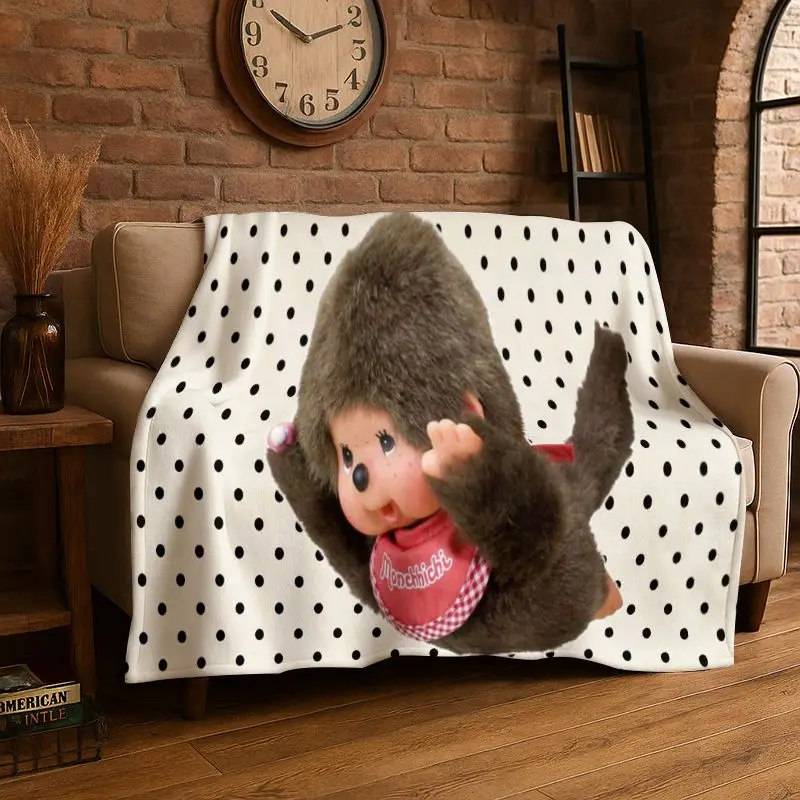 HD M-Monchhichi Cute Cartoon Monkey Holiday Flannel Blanket Soft Throw Blanket for Bedroom Living Room Bed office Picnic Gift