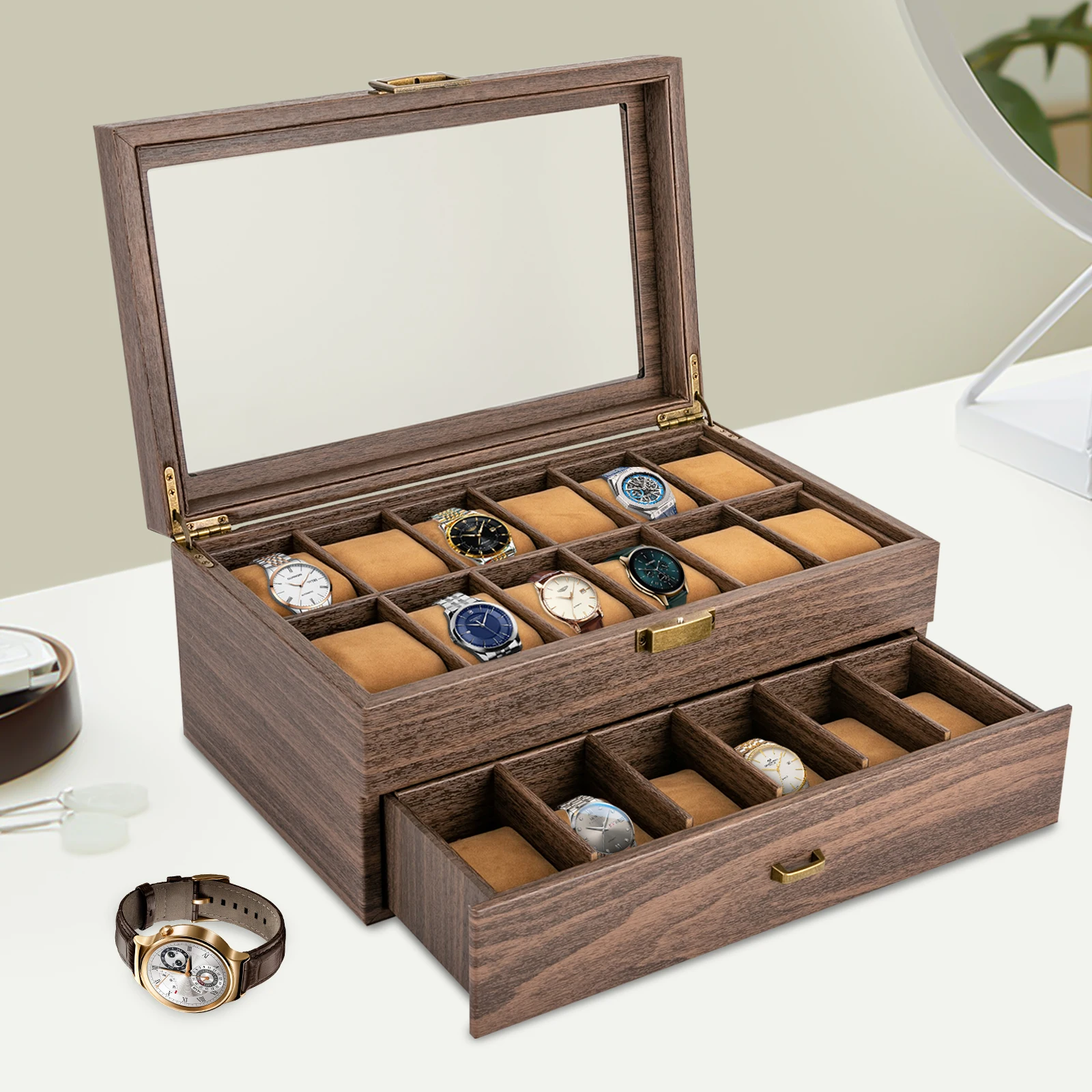 24 Compartments Double Wood Grain Watch and Glasses Storage Case, Decoration Display Box with Glass Lid for Glasses, Watches