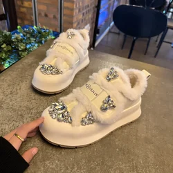 Heavy Industry Rhinestone Platform Shoes Women's Korean Version Plush Casual Board Shoes Cotton Casual  Shoes Warm