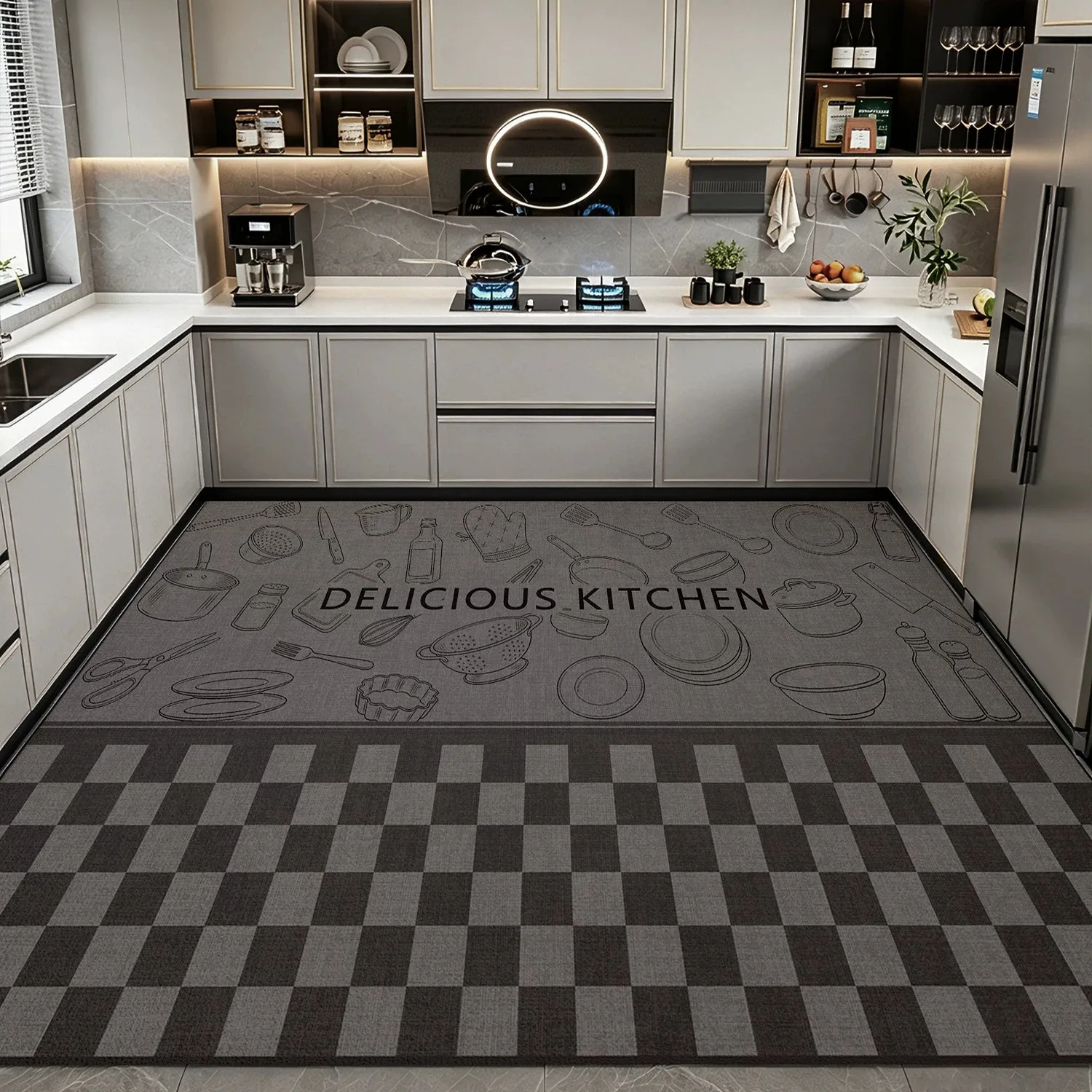 Gray Plaid Kitchen Rug Oil-proof Stain-proof Impermeable Carpet PVC Leather Mat Anti-slip Rugs Home Decoration Tapis Cuisine 러그