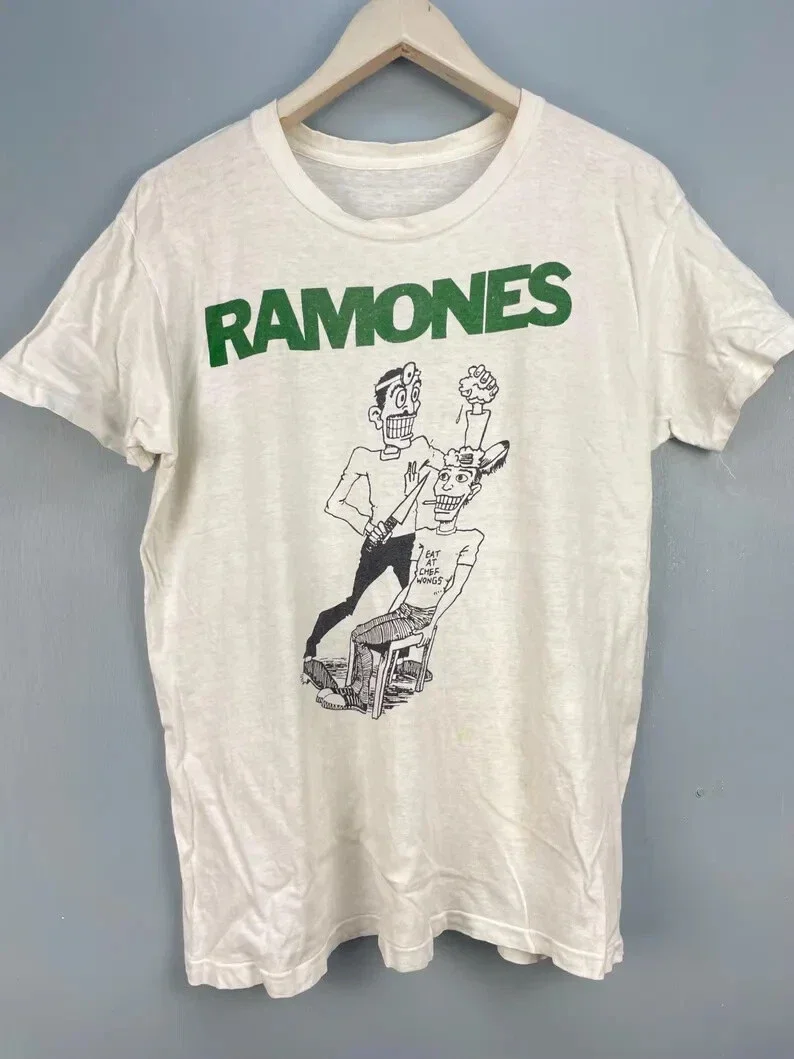 تي شيرت كلاسيكي بأكمام قصيرة مطبوع عليه رسومات Ramones للرجال والنساء من الثمانينيات للارتداء غير الرسمي طوال العام، فاخر
