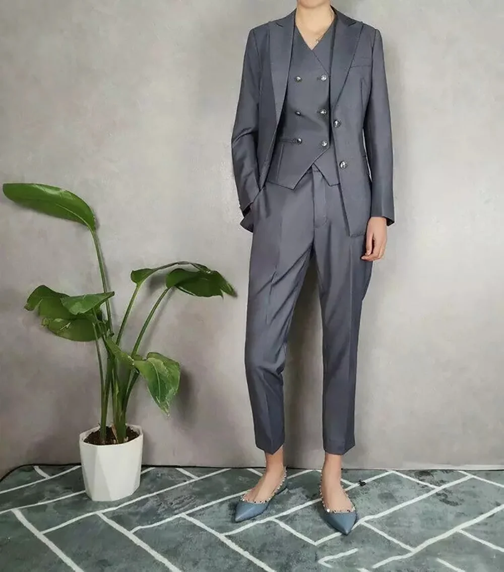 Gray Suit Set for Women Tuxedos 3 Pcs Blazer Wedding Outfits Jacket+Vest+Trousers Single Breasted Coat Business Lady Wear