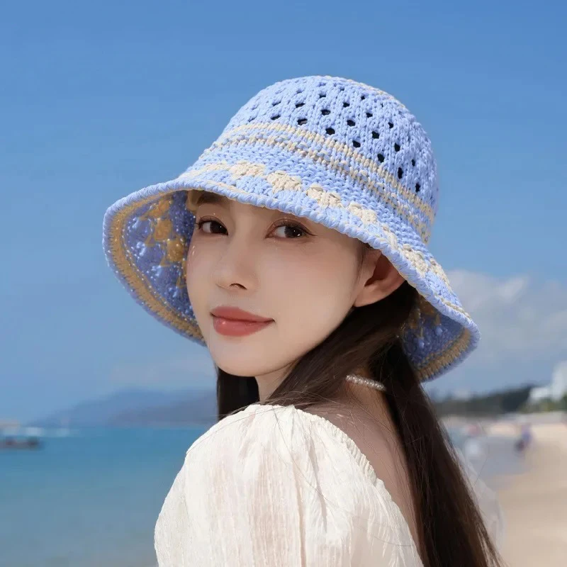 

Korean Style Fashionable Bucket Hat Casual Versatile Face Slimming Summer Knitted Hollow Breathable Sun Protection Fisherman Cap