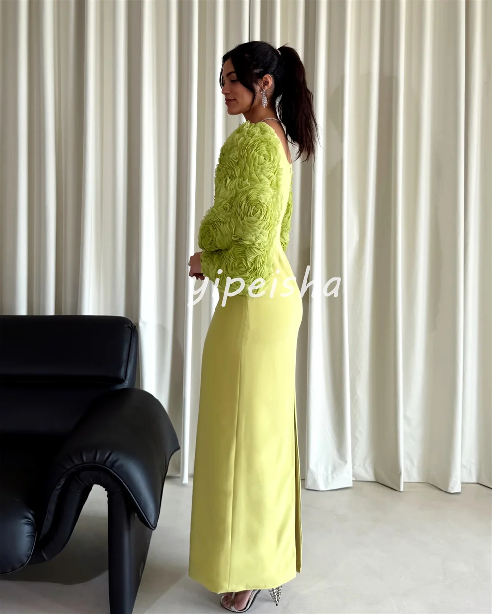 تخصيص الأزياء عالية الجودة جيرسي وشاح اليدوية زهرة الطية مستقيم ساحة الرقبة فساتين متوسطة الطول فساتين السهرة الأنيقة #2