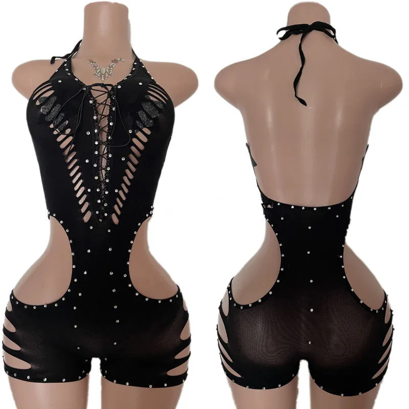 New Style One Piece Exotic Dancewear Sexy Lace-up Hollow-out Rhinestone Patchwork Bodycon Rompers Women Bodysuit Stripper Outfit