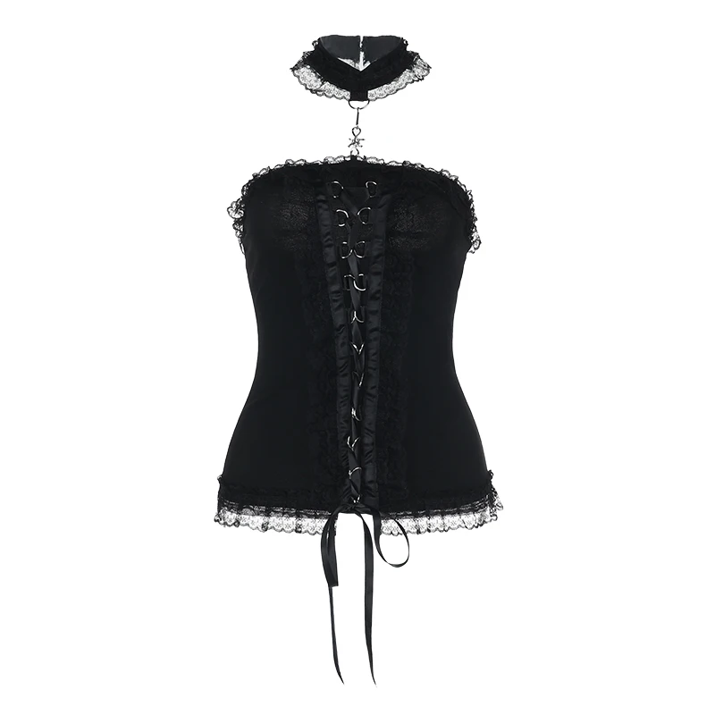 Europeu americano sexy rendas colar colar sem alças temperamento topo personalizado rua menina preto versátil topos
