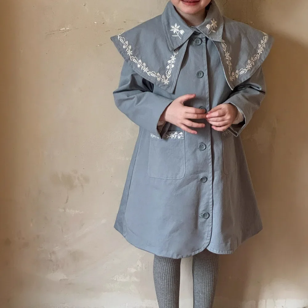 

Girls Coat 2025 Autumn and Winter New Childrens Clothing Korean Style Girls Baby Big Lapel Embroidery Lace Windbreaker Coat