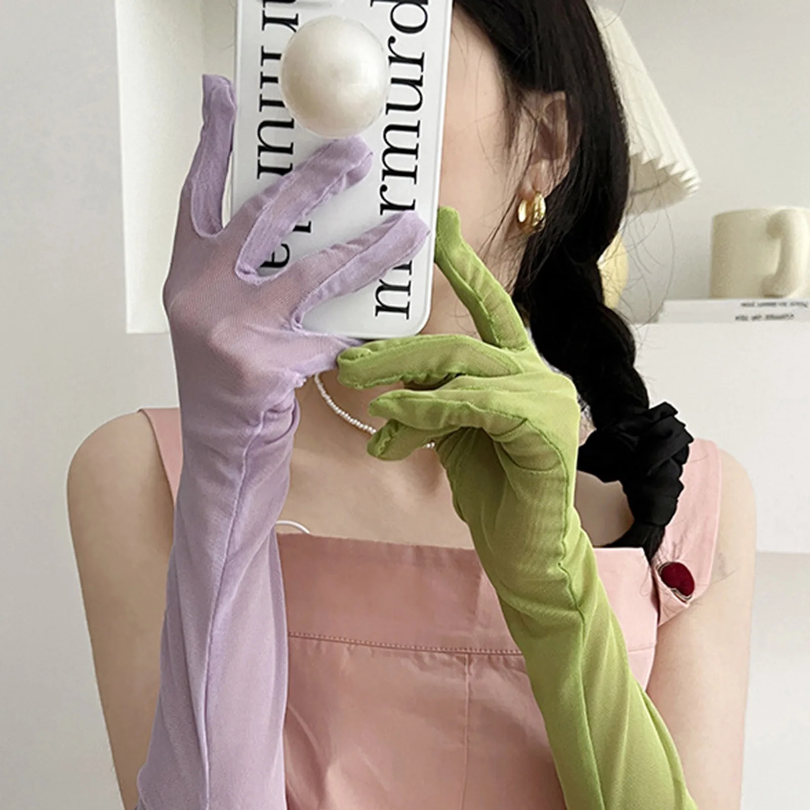 1 Pair Women See Through Gloves Candy Color Ice Silk Sunscreen Elbow Length Mesh Long Gloves Cosplay Sexy Stage Performance