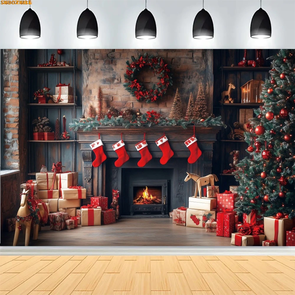 

Christmas Day Wreath Family New Year Party Photography Backdrops Prop Window Living Room Xmas Tree Gift Snow Background TJ-03