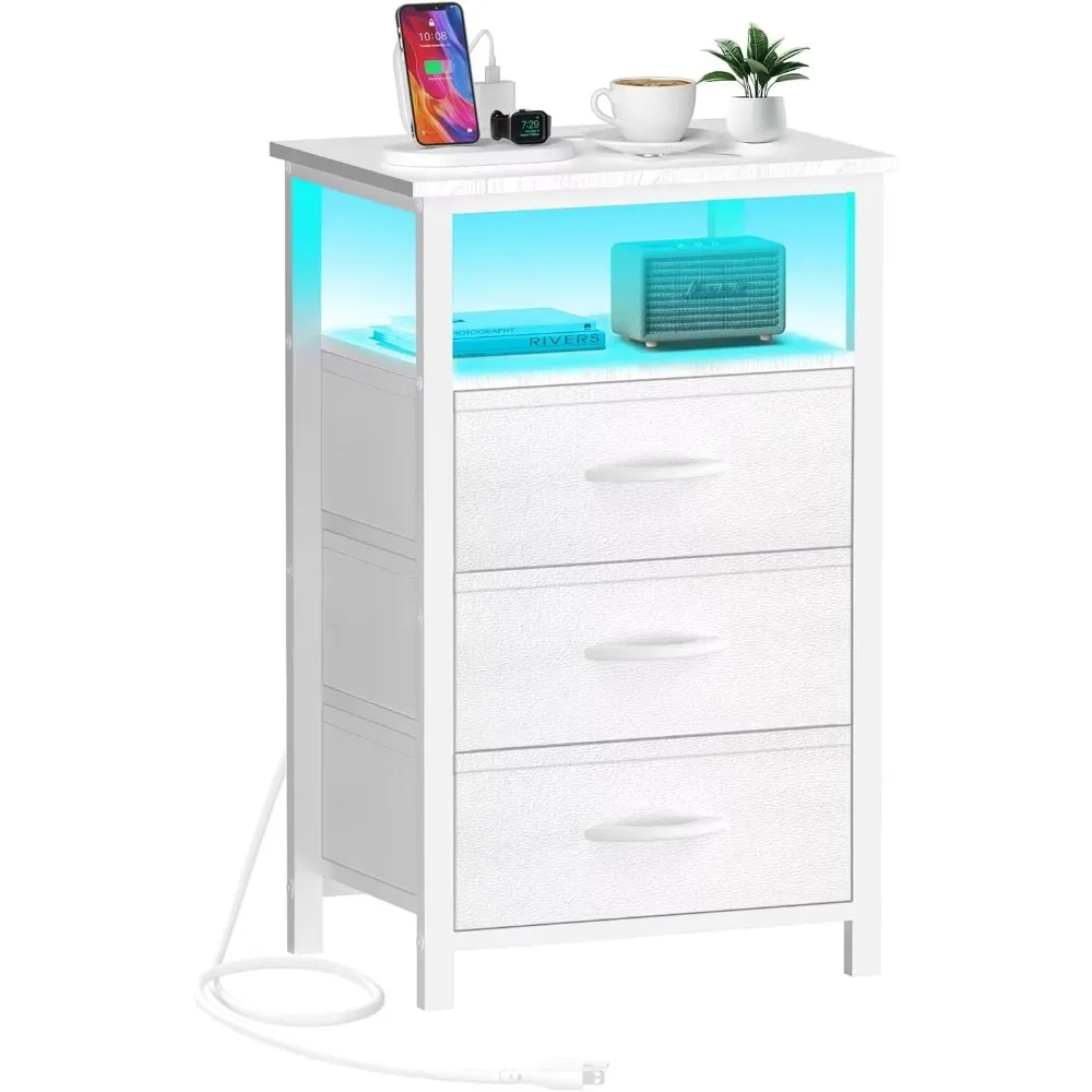 

Bedside Table LED Night Stand with USB Ports and Outlets with 3 Fabric Drawers and Storage Shelf,Night Stands for Bedroom White