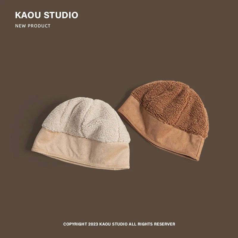 Autumn and Winter Retro Lamb Plush Curled Beanies Cap for Women Street Trend Versatile American Casual Yuppie Warm Men\'s Hats