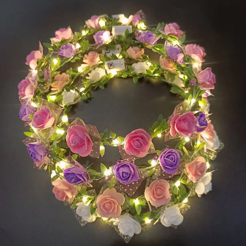 Corona de flores para mujer, diadema con luz Led, decoración para fiesta de boda, tocado de flores, accesorios para el cabello