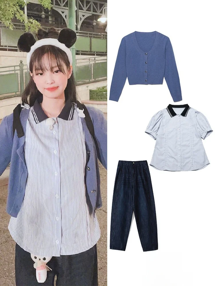

Jin Ni Doll Collar Shirt Top Knitted Casual Loose Long Pants Set Women's Fashion Spring Cotton Two-Piece Suit