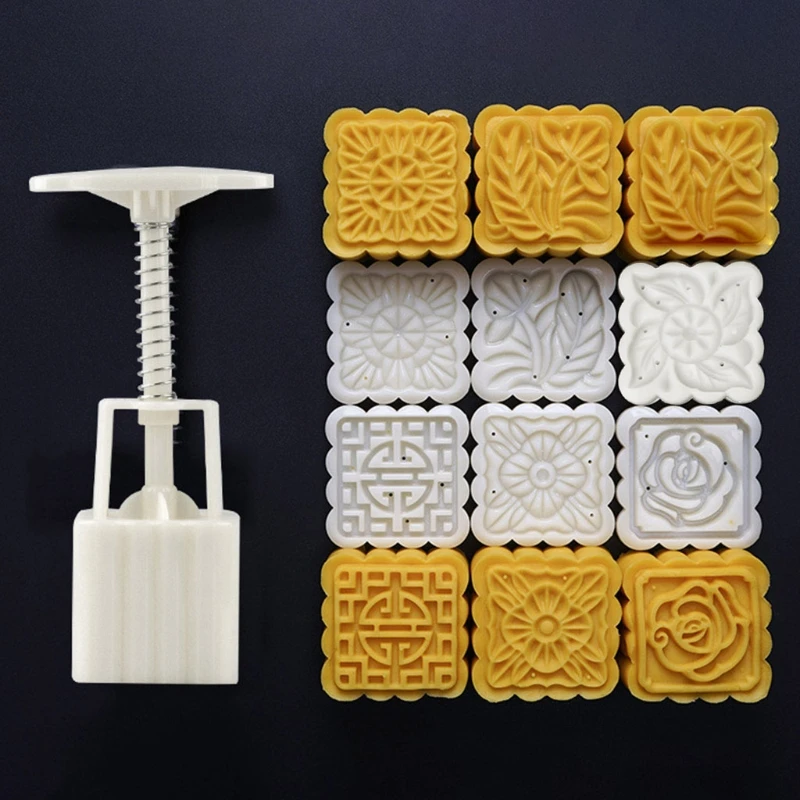 50g Moon Cake Mold 6 Stamps Square Barrel Mooncake Hand Pressure Pastry Mould DIY Bakware Mid-autumn Festival