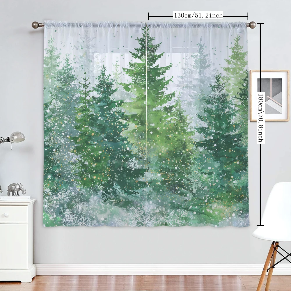 2Pcs Watercolor Style Pine Tree And Snowflake Print Home Decoration Window Screens Suitable For Coffee Shops, Restaurants
