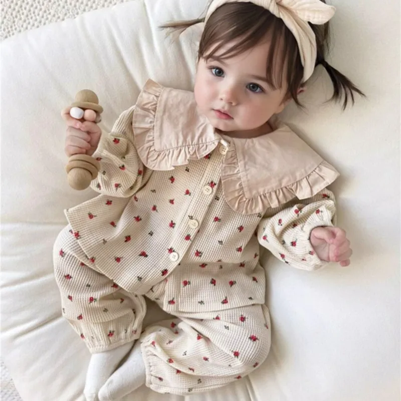 

Newborn Baby Girl Pajama Clothes Set Lapel Flower Print Cardigan+Pants 2Pcs Infant Toddler Kid Suit Sleepwear Baby Clothing 0-2Y