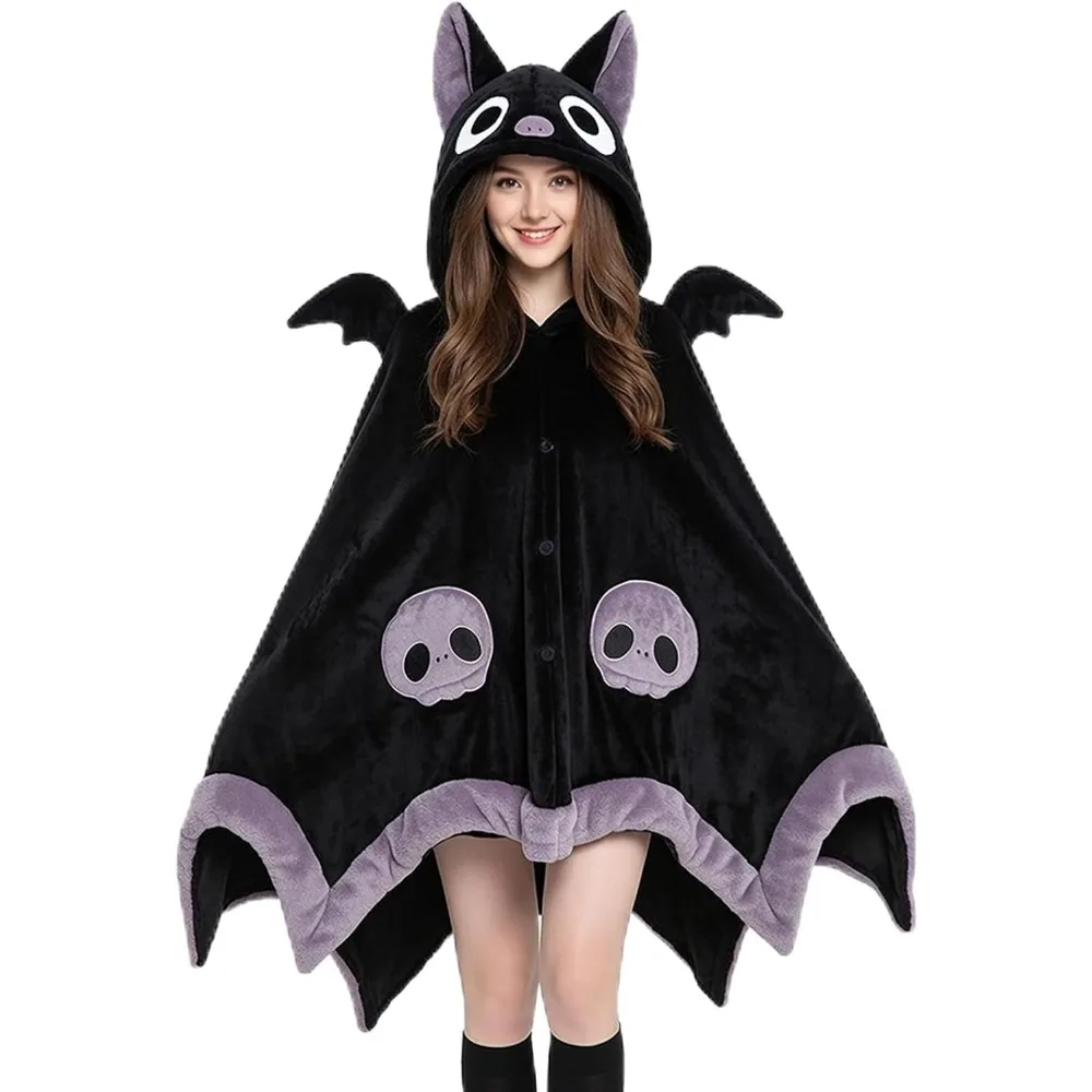 Women's Wearable Blanket Hoodie Cute Bat Coral Fleece Oversized Hooded Blanket Warm Winter Sleepwear Cloak Loungewear