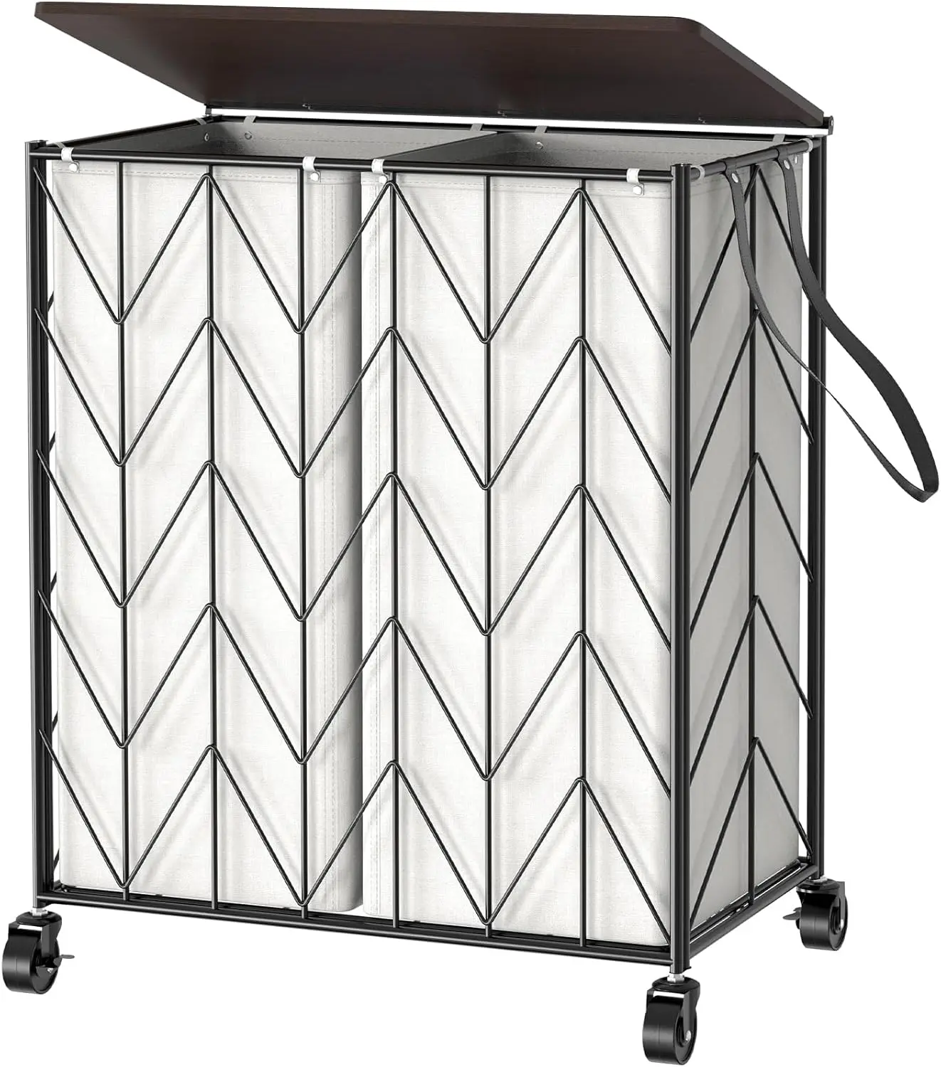 

Heavy Duty Laundry Basket with Wheels & Wood Lid, 2 Removable Liner Bags, Large Capacity Iron-Made Sorter for Home Organization