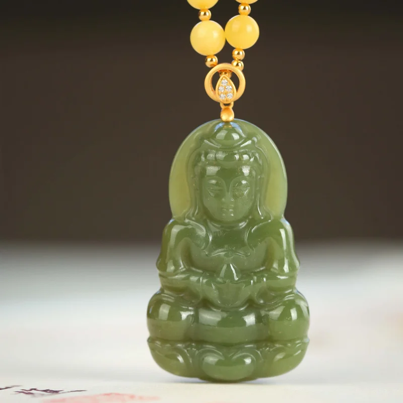 

S925 Sterling Silver Inlaid With Green Jade Guanyin Bead Necklace Amber Jades South Red Agate