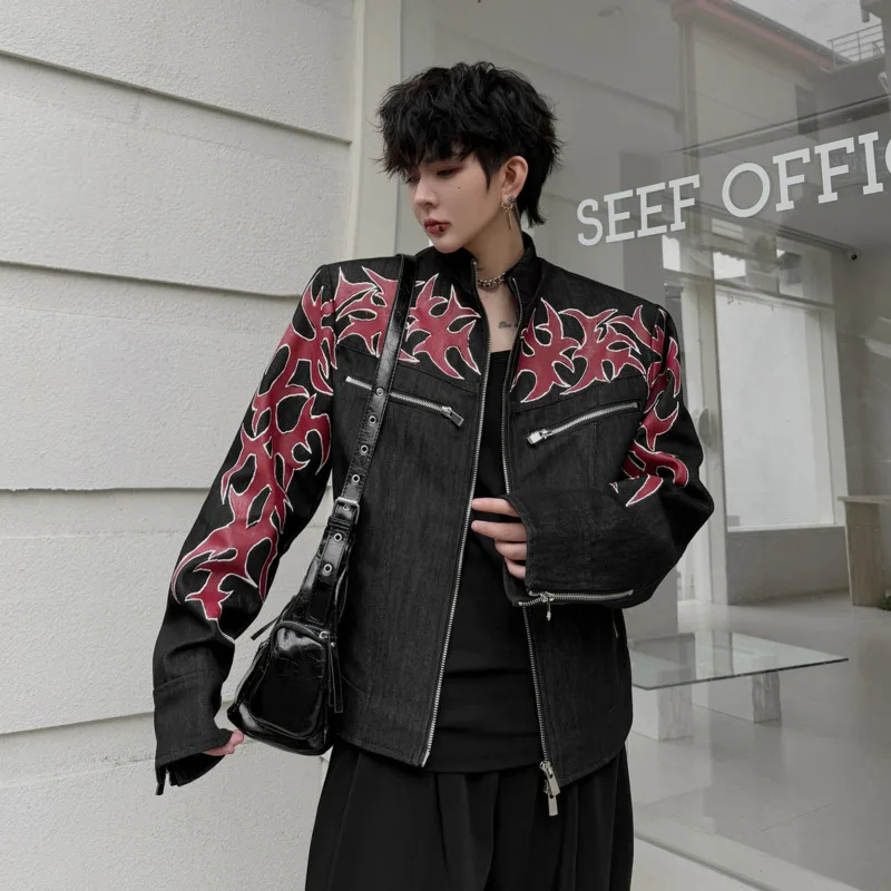 WVGA 2026 Spring Autumn New Men Tide Dark Vintage Fashion Denim Jacket Stand Collar Geometric Patterned Ins Vibe Y2K Coat W28300