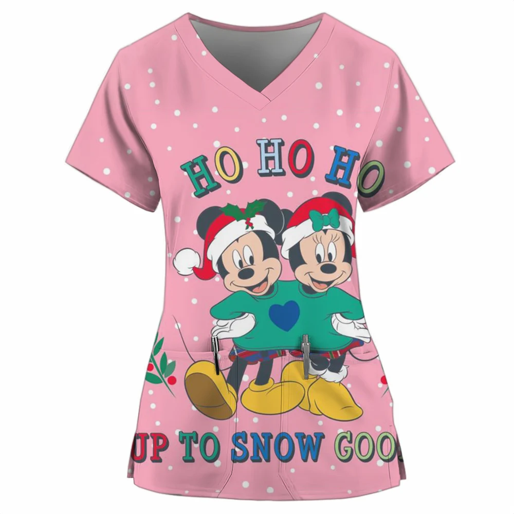 Christmas Women Scrub Tops Disney Minnie Mickey Mouse print with Pockets Short Sleeve V Neck Nursing Uniform Scrubs for Women