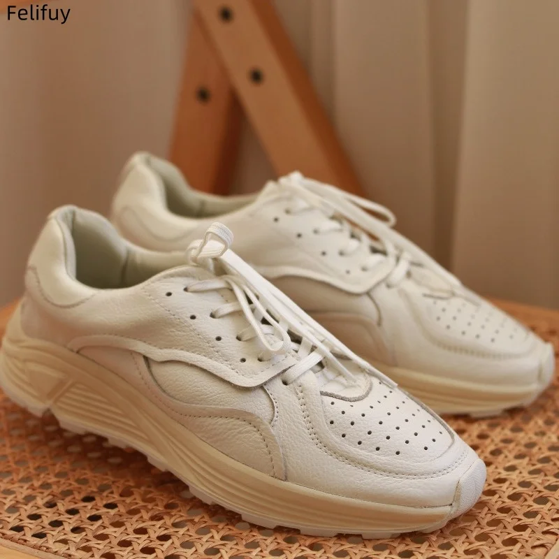 Round-toe Lace-up Casual White Thick-soled Men’s Casual Shoes Genuine Leather New Comfortable Breathable Fashion Sneakers Men view 4
