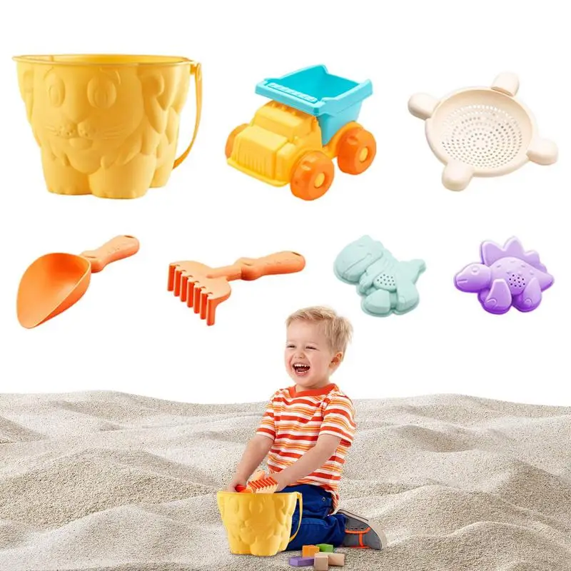 

Sand Toys For Kids 7Pcs Durable Kid Beach Toys Set Travel-Friendly Beach Set Beach Molds Bucket Shovel Watering Can Summer Sand