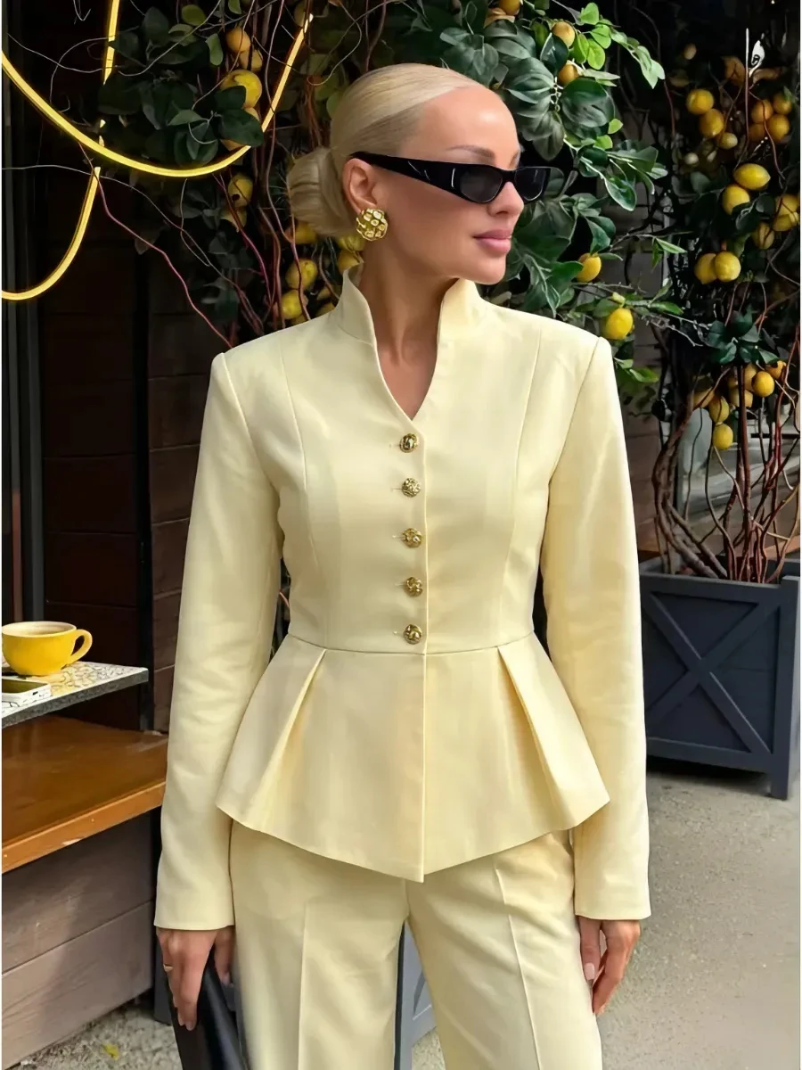Laru 2026 Light Yellow Peplum 2Pcs Women Suit V Neck Button Blazer Elastic Cuff Pants Elegant Office Summer Matching Set view 6