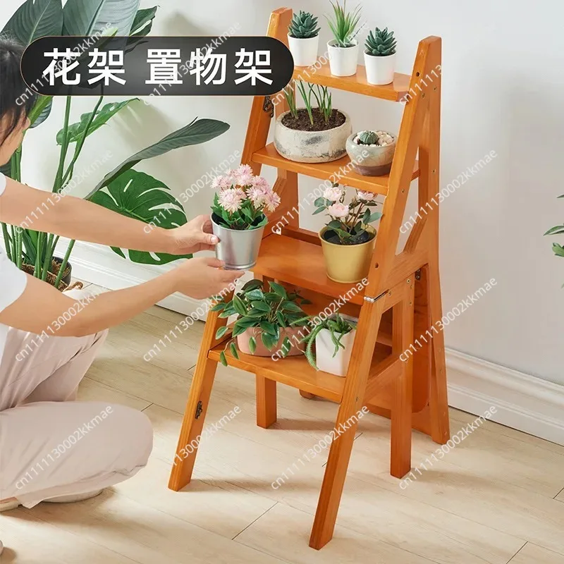 Folding Dual-purpose Ladder Stool, Household Ladder Chair, Indoor Climbing Step Ladder, Multifunctional Solid Wood Ladder Chair