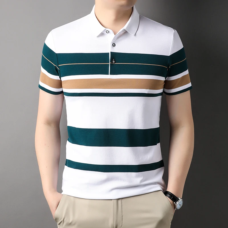 Men\'s Polo Shirts Korea Man Golf Shirts Summer Striped Print Button Clothing Business Style Male Streetwear Short Sleeve T-Shirt