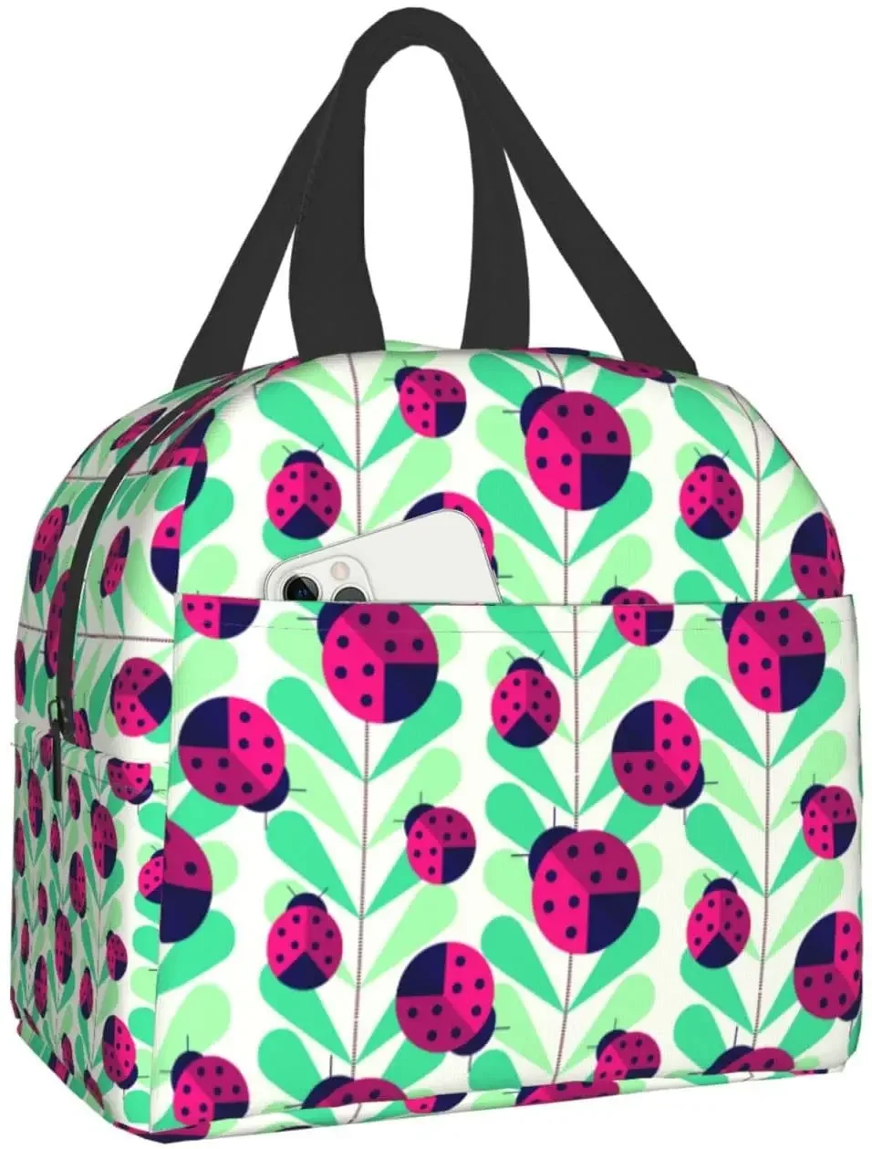Ladybugs and flowers Lunch Box Bento Box Insulated Lunch Boxes Reusable Waterproof Lunch Bag With Front Pocket For Picnic Hiking