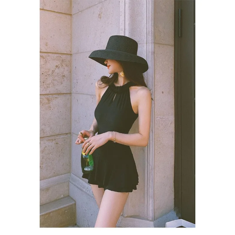 

Женский черный слитный купальник-халтер без рукавов, облегающий, с открытой спиной, сексуальный, с эффектом пуш-ап, стильный, элегантный, в стиле Ulzzang