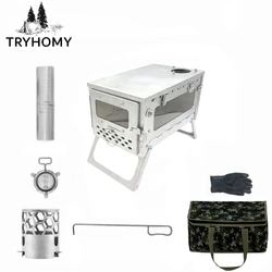 Portable Outdoor Wood Burning Stove With Chimney Pipe Camping Firewood Stove Accessories Picnic Stainless Steel Hot Tent Stove