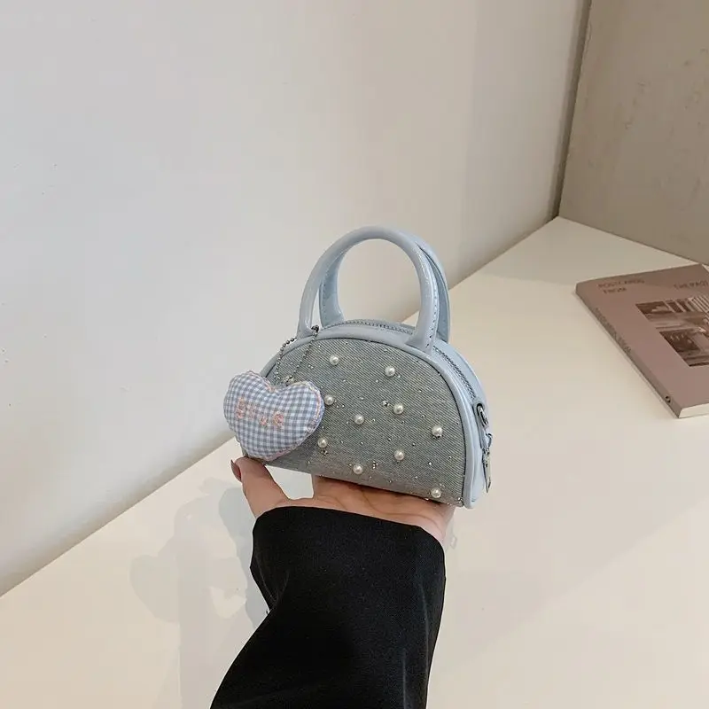 Blue White Sliver Pink Plaid Woolen Small Crossbody Bag Cute PU Leather Handle Bread Animal Decor Shoulder Handbag Purse Girls